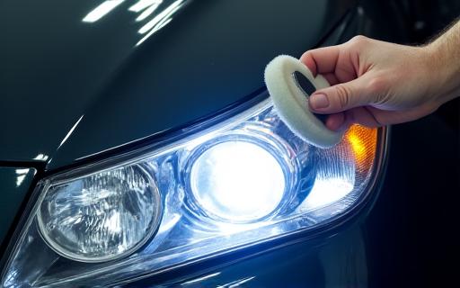 A technician polishing a car's headlight to restore clarity.