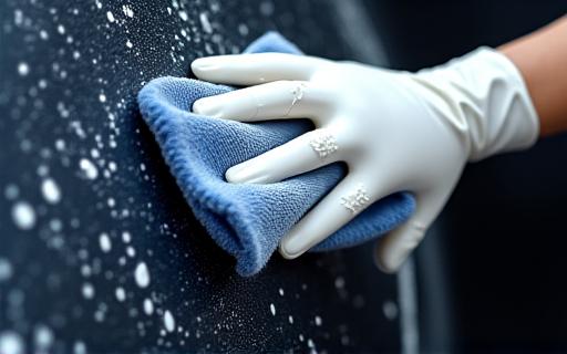 A gloved hand carefully washing a car's side panel.